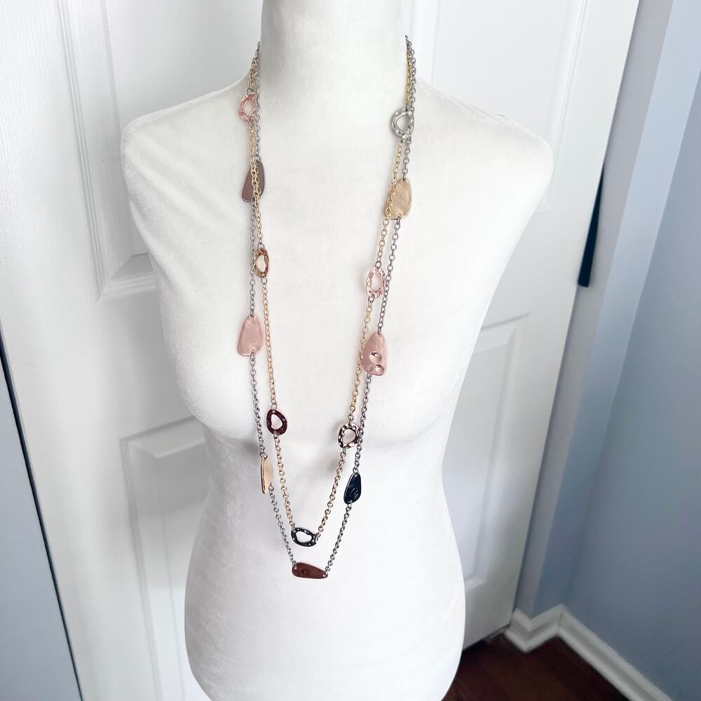 New A&I Double Strand Mixed Metallic Station Rose Gold Silver Long Necklace